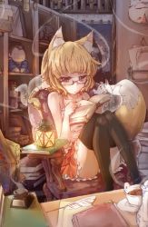 Rule 34 | 1girl, animal ears, bad id, bad pixiv id, black thighhighs, blonde hair, book, bookshelf, brown eyes, chair, cup, fox, fox ears, fox tail, glasses, highres, inkwell, lantern, mask, open book, original, quill, reading, saucer, shelf, short hair, sitting, skirt, solo, tail, teacup, teapot, thighhighs, toor 0111