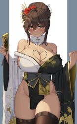 Rule 34 | 1girl, absurdres, bare shoulders, black bow, black kimono, black thighhighs, blonde hair, blush, bow, breasts, brown hair, cleavage, closed mouth, dark-skinned female, dark skin, flower, folded fan, folding fan, fur collar, goddess of victory: nikke, grayfoxpochi, hair between eyes, hair flower, hair ornament, hand fan, heart, highres, holding, holding fan, huge breasts, japanese clothes, kimono, looking at viewer, no panties, noir (nikke), off shoulder, pelvic curtain, print kimono, red flower, red rose, rose, solo, standing, thighhighs, thighs, two-tone kimono, wave print, white kimono, wide sleeves