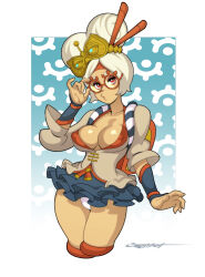 Rule 34 | breasts, chinese hairpin, cleavage, cleavage cutout, clothing cutout, erotibot, unworn eyewear, glasses, hair ornament, highres, holding, holding removed eyewear, large breasts, looking at viewer, miniskirt, nintendo, purah, red eyes, revealing clothes, round eyewear, simple background, skirt, tagme, the legend of zelda, the legend of zelda: breath of the wild, the legend of zelda: tears of the kingdom, thick thighs, thighs, white hair