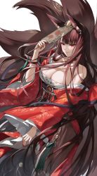 Rule 34 | 1girl, akagi (azur lane), animal ears, azur lane, bare shoulders, breasts, brown hair, cleavage, fox ears, fox girl, fox tail, hand fan, highres, holding, holding fan, japanese clothes, jewelry, large breasts, long hair, mo xiaoxue, multiple tails, nail polish, red eyes, tail, wide sleeves