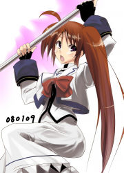 Rule 34 | 00s, 1girl, :o, arms up, black gloves, boshinote, bow, bowtie, fingerless gloves, gloves, long sleeves, looking at viewer, lowres, lyrical nanoha, magical girl, mahou shoujo lyrical nanoha, mahou shoujo lyrical nanoha strikers, open mouth, raising heart, red bow, red bowtie, side ponytail, simple background, solo, takamachi nanoha, white background