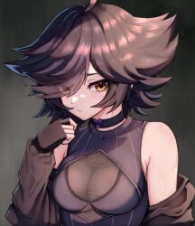 Rule 34 | 1girl, absurdres, ahoge, armpit crease, bare shoulders, bikini, bikini under clothes, black choker, black gloves, black jacket, breasts, choker, cleavage, commentary, eyes visible through hair, fingerless gloves, flipped hair, frown, gloves, grey background, heart, heart choker, highres, jacket, karma (vtuber), krow, looking at viewer, medium breasts, medium hair, off shoulder, owozu, parted lips, pinstripe pattern, pinstripe shirt, purple bikini, purple shirt, see-through, see-through cleavage, shirt, sleeveless, sleeveless shirt, spanish commentary, striped, swimsuit, taut clothes, taut shirt, upper body, yellow eyes