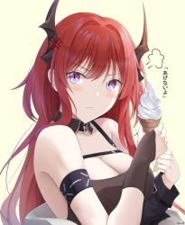 Rule 34 | 1girl, anger vein, arknights, artist name, black dress, blush, breasts, cleavage, closed mouth, detached collar, dress, food, highres, holding, holding food, horns, ice cream, ice cream cone, infection monitor (arknights), keenh, large breasts, long hair, long sleeves, looking at viewer, purple eyes, red hair, simple background, sleeveless, sleeveless dress, soft serve, solo, surtr (arknights), translated, upper body, yellow background, zipper