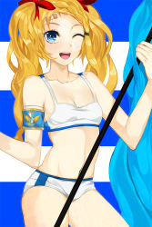 Rule 34 | 1girl, armband, bandaid, bandaid on face, bandaid on forehead, bikini, blonde hair, blue eyes, breasts, cleavage, frett (sword girls), navel, one eye closed, open mouth, small breasts, smile, solo, swimsuit, sword girls, twintails, wink