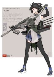 Rule 34 | 1girl, absurdres, barcode, black hair, black pantyhose, blue footwear, blue shorts, brown eyes, character name, character sheet, commentary, cross-laced footwear, dated, english commentary, english text, facial mark, full body, gloves, grey gloves, grey shirt, grin, gun, highres, holding, holding gun, holding weapon, pantyhose under shorts, looking at viewer, messy hair, original, pantyhose, shirt, shoes, short hair, short shorts, shorts, sleeveless, sleeveless shirt, smile, sneakers, solo, standing, trigger discipline, vectorek, weapon, weapon request