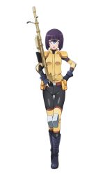 Rule 34 | 10s, 1girl, blue eyes, colored skin, cyclops, japanese clothes, manako, monster girl, monster musume no iru nichijou, monster musume no iru nichijou online, official art, one-eyed, purple hair, short hair, solo, standing, weapon, white skin