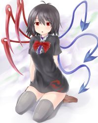 Rule 34 | 1girl, :o, asymmetrical wings, black dress, black hair, blush, bow, bowtie, breasts, brown footwear, dress, fang, full body, grey thighhighs, hair between eyes, highres, houjuu nue, looking at viewer, netamaru, red bow, red bowtie, red eyes, seiza, shoes, short dress, short hair, short sleeves, sitting, small breasts, solo, thighhighs, touhou, triangle mouth, wings, wristband
