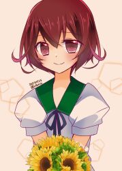 Rule 34 | 1girl, blush, brown eyes, brown hair, crescent, dated, flower, gradient background, gradient hair, green sailor collar, highres, inscco, kantai collection, looking at viewer, multicolored hair, mutsuki (kancolle), neckerchief, red hair, sailor collar, school uniform, serafuku, short hair, short sleeves, smile, solo, sunflower, twitter username, yellow background
