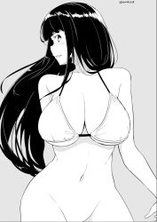 Rule 34 | 1girl, bikini, bikini top only, blush, bottomless, breasts, cleavage, greyscale, hime cut, kichihachi, large breasts, long hair, looking at viewer, monochrome, navel, original, smile, solo, swimsuit