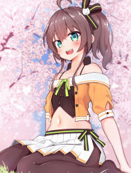 Rule 34 | 1girl, :d, absurdres, ahoge, aqua eyes, arms at sides, bare shoulders, black bow, black shirt, blurry, blurry background, blush, bow, brown hair, brown pantyhose, buttons, cat hair ornament, cherry blossoms, crop top, cropped jacket, day, from side, hair between eyes, hair ornament, highres, hololive, jacket, medium hair, midriff, miniskirt, natsuiro matsuri, navel, off-shoulder jacket, off shoulder, ontake2009, open clothes, open jacket, open mouth, outdoors, pantyhose, pleated skirt, ponytail, shirt, short sleeves, sidelocks, sitting, skirt, smile, solo, spaghetti strap, teeth, tongue, tree, upper teeth only, virtual youtuber, white skirt, yellow jacket