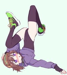 Rule 34 | 1girl, absurdres, arm up, black gloves, black leotard, black thighhighs, blue background, blush, blush stickers, brown hair, covered navel, drawstring, eds, fingerless gloves, full body, gloves, green footwear, highres, hood, hoodie, leotard, leotard under clothes, long sleeves, looking at viewer, nose blush, original, parted lips, puffy long sleeves, puffy sleeves, purple eyes, purple hoodie, shoes, simple background, solo, thighhighs, upside-down