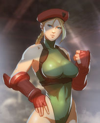 Rule 34 | 1girl, beret, blonde hair, blue eyes, braid, breasts, cammy white, capcom, clenched hand, completion time, eyebrows, fingerless gloves, fringe trim, gloves, hat, highleg, highleg leotard, highres, huge breasts, leotard, lips, long hair, looking at viewer, red gloves, sketch, skin tight, solo, street fighter, street fighter v, tarakanovich, twin braids, upper body