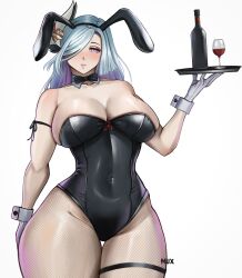 Rule 34 | 1girl, absurdres, alcohol, alternate costume, animal ears, bare shoulders, black hairband, black leotard, black pantyhose, blue hair, blush, bottle, breasts, collarbone, commentary, covered navel, cup, detached collar, drinking glass, english commentary, fake animal ears, fishnet pantyhose, fishnets, genshin impact, gloves, hair ornament, hairband, highres, holding, holding tray, large breasts, leotard, long hair, looking at viewer, mux7, one eye covered, pantyhose, playboy bunny, purple eyes, rabbit ears, shenhe (genshin impact), smile, solo, thick thighs, thighs, tray, white background, white gloves, wine, wine bottle, wine glass, wrist cuffs
