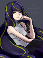 Rule 34 | 1girl, bare arms, black pantyhose, breasts, collarbone, commentary request, creatures (company), dress, echizen (n fns17), eyelashes, game freak, green eyes, green hair, grey background, hand up, highres, long hair, looking at viewer, lusamine (pokemon), lusamine fused (pokemon), multicolored hair, nintendo, pantyhose, pokemon, pokemon sm, purple hair, sleeveless, sleeveless dress, smile, solo, streaked hair, very long hair, white dress
