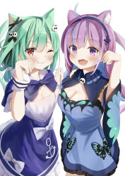 Rule 34 | 2girls, :d, ;), absurdres, animal ear fluff, animal ears, black dress, breasts, cat ears, cat tail, cleavage, closed eyes, closed mouth, cosplay, costume switch, detached sleeves, dress, fang, fang out, highres, hololive, looking at viewer, matcha (user yyss8744), minato aqua, multiple girls, one eye closed, open mouth, paw pose, skin fang, smile, tail, uruha rushia, uruha rushia (1st costume), virtual youtuber