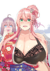 Rule 34 | 2girls, :o, accidental exposure, ahoge, bare shoulders, black bra, blue eyes, blush, bra, breasts, brown hair, cleavage, cup-chan, embarrassed, green eyes, hair between eyes, hair ornament, hands on own face, hands up, highres, huge breasts, japanese clothes, kimono, long hair, looking at viewer, multiple girls, obi, open mouth, pink hair, ponytail, pov, sash, shiny skin, short hair, short ponytail, sidelocks, surprised, sweat, underwear, undressing, upper body