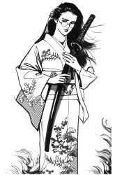 Rule 34 | 1980s (style), black hair, crying freeman, floral print, glasses, highres, hino emu, holding, ikegami ryouichi, japanese clothes, katana, kimono, long hair, looking at viewer, monochrome, obi, oldschool, retro artstyle, sabre, sash, simple background, smile, sword, weapon