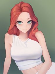 Rule 34 | 1girl, absurdres, aqua eyes, bare shoulders, blush, breasts, commentary, crop top, english commentary, gradient background, green background, hantata, highres, large breasts, long hair, looking at viewer, midriff, original, red hair, signature, simple background, smile, solo, tank top, upper body, wavy hair, white tank top