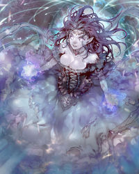 Rule 34 | 1girl, breasts, brown hair, circlet, cleavage, corset, from above, fufuhol, glowing, glowing eyes, highres, jewelry, large breasts, long hair, looking at viewer, necklace, outstretched arms, pale skin, parted lips, partially submerged, pointy ears, solo, tenkuu no crystalia