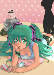 Rule 34 | 1girl, absurdres, bad id, bad pixiv id, breasts, cleavage, downblouse, food, green eyes, green hair, hage, hatsune miku, highres, long hair, looking at viewer, lying, matching hair/eyes, medium breasts, mouth hold, on stomach, pig, pocky, solo, thighhighs, twintails, vocaloid