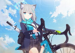 Rule 34 | 1girl, animal ear fluff, animal ears, artist request, assault rifle, bag, bicycle, blue archive, blue eyes, blue jacket, blue scarf, breast pocket, cross hair ornament, extra ears, game cg, gloves, green gloves, grey hair, gun, hair ornament, halo, high-waist skirt, highres, jacket, looking at viewer, medium hair, mismatched pupils, necktie, non-web source, official art, open clothes, open jacket, plaid, plaid skirt, pleated skirt, pocket, riding, riding bicycle, rifle, scarf, school bag, school uniform, shiroko (blue archive), shirt, shirt tucked in, shoulder bag, sig sauer 556, single glove, skirt, sky, solo, striped clothes, striped scarf, sweatdrop, tag, weapon, white shirt, wolf ears