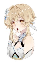 Rule 34 | 1girl, arm at side, bare shoulders, blonde hair, blush, breasts, chocolate, cleavage, cropped torso, eating, flower, food, genshin impact, hair between eyes, hair flower, hair ornament, halter shirt, halterneck, hand up, highres, holding, holding chocolate, holding food, index finger raised, looking at viewer, lumine (genshin impact), medium breasts, orange eyes, shirt, short hair with long locks, sidelocks, simple background, solo, tomato (toma 17 1129), white background, white flower, white shirt