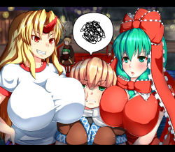 Rule 34 | &gt;:d, 5girls, :d, between breasts, blonde hair, blush, bow, breast envy, breast press, breasts, bucket, dress, female focus, frills, front ponytail, green eyes, green hair, grin, hair bobbles, hair bow, hair ornament, hair ribbon, hands on own hips, horns, hoshiguma yuugi, huge breasts, impossible clothes, impossible dress, impossible shirt, in bucket, in container, kagiyama hina, kisume, kurodani yamame, lantern, large breasts, letterboxed, long hair, mizuhashi parsee, multiple girls, open mouth, peso (cheese company), ponytail, red eyes, ribbon, scarf, shirt, shoes, short hair, short sleeves, single horn, sitting, smile, socks, spoken squiggle, squiggle, teeth, touhou, twintails, v-shaped eyebrows, white legwear