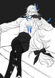 Rule 34 | 1boy, black footwear, black gloves, black pants, blue hair, boots, couch, crossed legs, genshin impact, gloves, high-waist pants, limited palette, long hair, looking to the side, low-tied long hair, multicolored hair, neuvillette (genshin impact), onegingek, pants, sitting, solo, streaked hair, thigh boots, very long hair, white hair