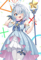 Rule 34 | 1girl, arona (blue archive), black choker, blue archive, blue dress, blue eyes, blue hair, blue sleeves, blush, braid, choker, colored inner hair, detached sleeves, dress, hair over one eye, halo, highres, holding, holding wand, looking at viewer, matsu520, multicolored hair, open mouth, pantyhose, pink hair, red halo, revision, short hair, single braid, solo, star (symbol), wand, white dress, white pantyhose