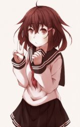Rule 34 | 10s, 1girl, black skirt, blouse, brown eyes, brown hair, hair ornament, hairclip, ikazuchi (kancolle), itituki, japanese clothes, kantai collection, long sleeves, looking at viewer, neckerchief, pleated skirt, red neckerchief, shirt, short hair, simple background, skirt, solo, v, white background