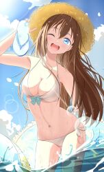 Rule 34 | 1girl, bikini, blue eyes, blue sky, breasts, brown hair, cloud, commentary request, flip-flops, hat, highres, holding, lens flare, long hair, looking at viewer, love live!, love live! nijigasaki high school idol club, medium breasts, morio (mmorio mu), navel, one eye closed, open mouth, osaka shizuku, sandals, sky, sparkling eyes, straw hat, sunlight, swimsuit, water, wet, white bikini