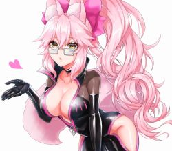 Rule 34 | 1girl, animal ear fluff, animal ears, black bodysuit, blush, bodysuit, bow, breasts, center opening, choker, cleavage, fate/grand order, fate (series), fox ears, fox girl, fox tail, glasses, hair between eyes, hair bow, heart, hip vent, koyanskaya (assassin) (first ascension) (fate), koyanskaya (fate), large breasts, long hair, looking at viewer, pink bow, pink hair, ponytail, puckered lips, rain (roromi), sidelocks, solo, tail, tamamo (fate), thighs, yellow eyes