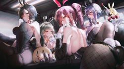 Rule 34 | 4girls, ace (playing card), ace of spades, alternate costume, azur lane, backless leotard, between breasts, black leotard, bottle, breasts, card, casino card table, cleavage, creator connection, cup, detached sleeves, drill hair, drill ponytail, drinking glass, duca degli abruzzi (azur lane), foch (azur lane), giuseppe garibaldi (azur lane), highres, leotard, manjuu (azur lane), multiple girls, pantyhose, playboy bunny, playing card, poker chip, poker table, rabbit tail, solfi0211, spade (shape), table, thighs, ulrich von hutten (azur lane), wine bottle, wine glass