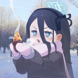 Rule 34 | + +, 1girl, :o, absurdres, aris (blue archive), black coat, black hair, blue archive, blue eyes, blue halo, blue sky, coat, food, forest, hair between eyes, halo, hand up, highres, holding, holding food, korean commentary, long hair, mittens, nature, pink mittens, pink scarf, roasted sweet potato, scarf, sechi (sechihyeo), sky, snow, solo, sweet potato, tree, upper body, very long hair