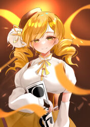 1girl absurdres beret black_gloves blonde_hair blurry blurry_background blush bow breasts closed_mouth commentary_request corset depth_of_field detached_sleeves drill_hair fingerless_gloves gloves gun hair_ornament hat highres holding large_breasts light_smile long_hair long_sleeves looking_at_viewer magical_girl magical_musket mahou_shoujo_madoka_magica neck_ribbon puffy_sleeves ribbon shirt skirt smile solo tomoe_mami tomoe_mami_(magical_girl) twin_drills twintails weapon white_shirt yellow_eyes yumelixt