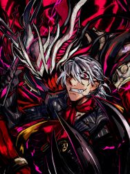 Rule 34 | 1boy, antonio salieri (fate), antonio salieri (second ascension) (fate), antonio salieri (third ascension) (fate), ascot, black gloves, black jacket, collared shirt, fate/grand order, fate (series), formal, gloves, grin, jacket, long sleeves, looking at viewer, male focus, monster, monster boy, neckwear request, nonono nagata, pinstripe pattern, red ascot, red eyes, shirt, short hair, smile, solo, striped, suit, upper body, white hair, white shirt