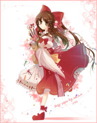Rule 34 | 1girl, ascot, bad id, bad pixiv id, bare shoulders, brown eyes, brown hair, candy, dated, detached sleeves, dress, female focus, flower, food, gohei, hair ornament, hair tubes, hakurei reimu, heart, japanese clothes, may.d, maydream, miko, pocky, pocky day, smile, solo, touhou