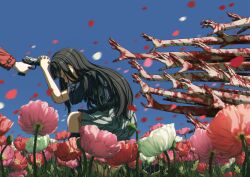 Rule 34 | 2girls, at gunpoint, black hair, black socks, blood, blood on hands, blue dress, blue sky, blurry, blurry foreground, brown footwear, closed eyes, closed mouth, commentary request, dress, flower, flower request, gun, hand on own hip, highres, holding, holding gun, holding weapon, inoue takina, kneehighs, kneeling, long hair, long sleeves, lycoris recoil, lycoris uniform, mochi (m0chi0000), motion blur, multiple girls, nishikigi chisato, outdoors, petals, pleated dress, short sleeves, sidelocks, sky, socks, too many hands, two-tone dress, weapon