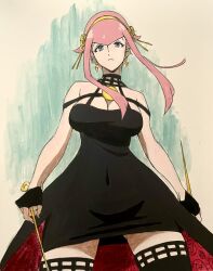 Rule 34 | 1girl, black dress, black gloves, blue eyes, breasts, cleavage, crossover, dress, fingerless gloves, gloves, hair ornament, hairband, halter dress, halterneck, highres, holding, holding weapon, large breasts, manon legrand, pink hair, shiwasu11, sidelocks, solo, spy x family, street fighter, street fighter 6, tailcoat, thighhighs, weapon, yor briar