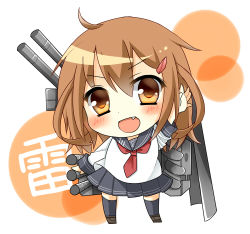 Rule 34 | 10s, 1girl, :d, ahoge, brown eyes, brown hair, character name, chibi, hair ornament, hairclip, ikazuchi (kancolle), kantai collection, long hair, looking at viewer, lowres, open mouth, pleated skirt, school uniform, serafuku, skirt, smile, solo, thighhighs, yuzuko (yuzuko1991)