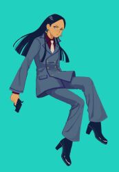 Rule 34 | 1girl, 23011620x, ace attorney, ace attorney investigations, ace attorney investigations: miles edgeworth, black footwear, black hair, blue background, blue jacket, blue pants, boots, callisto yew, closed mouth, collared shirt, earrings, formal, full body, gun, handgun, high heel boots, high heels, highres, holding, holding gun, holding weapon, jacket, jewelry, long hair, long sleeves, looking to the side, necktie, pants, red shirt, revolver, shirt, simple background, sitting, solo, suit, weapon, white necktie