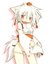 Rule 34 | 1girl, animal ears, bare shoulders, collar, detached sleeves, female focus, hat, inubashiri momiji, no pants, panties, panty pull, pussy, pussy juice, short hair, silver hair, simple background, solo, suzukishi, tail, tokin hat, touhou, uncensored, underwear, wolf ears, wolf tail