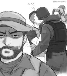 Rule 34 | 4boys, baseball cap, beard, blush, bulletproof vest, call of duty, call of duty: modern warfare 2, captain price, cigar, commentary, couple, dreaming oor, english commentary, facial hair, fingerless gloves, gaz (call of duty 4), ghost (modern warfare 2), gloves, greyscale, hat, highres, holding, holding phone, hood, hood down, hooded jacket, jacket, kiss, male focus, mask, mask lift, monochrome, multiple boys, pants, phone, shirt, short hair, smile, soap (modern warfare 2), taking picture, twitter username, yaoi