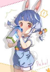 Rule 34 | 1girl, ?, absurdres, aged down, animal ear fluff, animal ears, blue hair, blush, bow, braid, brat (brabrabrat00), brown eyes, carrot hair ornament, collared shirt, cropped legs, dress shirt, food-themed hair ornament, hair bow, hair ornament, hands up, highres, holding, hololive, looking at viewer, milk carton, multicolored hair, non-web source, open mouth, overall shorts, overalls, page number, puffy short sleeves, puffy sleeves, rabbit ears, rabbit girl, rabbit tail, shirt, short eyebrows, short sleeves, simple background, solo, sweat, tail, thick eyebrows, twin braids, twintails, two-tone hair, usada pekora, virtual youtuber, white background, white bow, white hair, white shirt