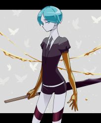 Rule 34 | 1other, androgynous, aqua eyes, aqua hair, bad id, bad pixiv id, bug, butterfly, colored eyelashes, gem uniform (houseki no kuni), gold, golden arms, green eyes, green hair, houseki no kuni, insect, letterboxed, looking at viewer, nao (necomugi), necktie, phosphophyllite, short hair, solo, spoilers, sword, weapon