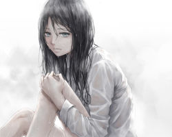 Rule 34 | 1girl, bad id, bad pixiv id, black hair, blue eyes, closed mouth, commentary, from side, hair between eyes, hand on own knee, long sleeves, looking at viewer, looking to the side, mole, mole under eye, nuwanko, original, shirt, sitting, solo, wet, wet clothes, wet hair, white shirt