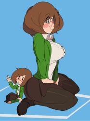 Rule 34 | 2girls, arm up, black pantyhose, black skirt, blue background, blush, bob cut, breasts, brown hair, buttons, captain kirb, cardigan, chibi, collared shirt, from side, glasses, green cardigan, hand up, hands on own thighs, highres, holding, holding pencil, kneeling, large breasts, long sleeves, looking at viewer, looking to the side, multiple girls, nikki (swapnote), nintendo, ok sign, open cardigan, open clothes, pantyhose, parted bangs, pencil, red-framed eyewear, shirt, short hair, simple background, skirt, smile, solo, swapnote, taut clothes, taut shirt, white shirt