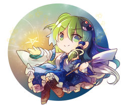 Rule 34 | &gt;:), 1girl, blue skirt, boots, chibi, closed mouth, collared shirt, commentary request, detached sleeves, frilled skirt, frills, frog hair ornament, full body, gohei, green eyes, green hair, hair between eyes, hair ornament, hair tubes, highres, kochiya sanae, kutsuki kai, long hair, long skirt, looking at viewer, shide, shirt, skirt, sleeveless, snake hair ornament, solo, star (symbol), touhou, v-shaped eyebrows, white background