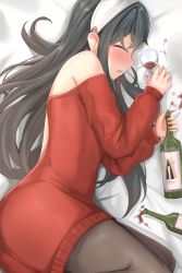 Rule 34 | 1girl, absurdres, alcohol, bed, bed sheet, black hair, blush, bottle, closed eyes, cup, dress, drinking glass, earrings, eru (aeeu2243), hair ornament, hairband, highres, jewelry, long hair, pantyhose, red sweater, sleeping, spill, spy x family, sweater, sweater dress, wine glass, yor briar