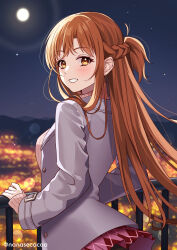 Rule 34 | 1girl, asuna (sao), braid, brown eyes, brown hair, city lights, commentary request, dating, french braid, fujishiro kokoa, full moon, grey jacket, handrail, highres, jacket, long hair, long sleeves, looking at viewer, looking back, miniskirt, moon, night, night sky, paid reward available, parted lips, pink skirt, pink sweater, pleated skirt, red skirt, short ponytail, sidelocks, skirt, sky, skyline, smile, solo, sweater, sword art online, twitter username, two-tone skirt